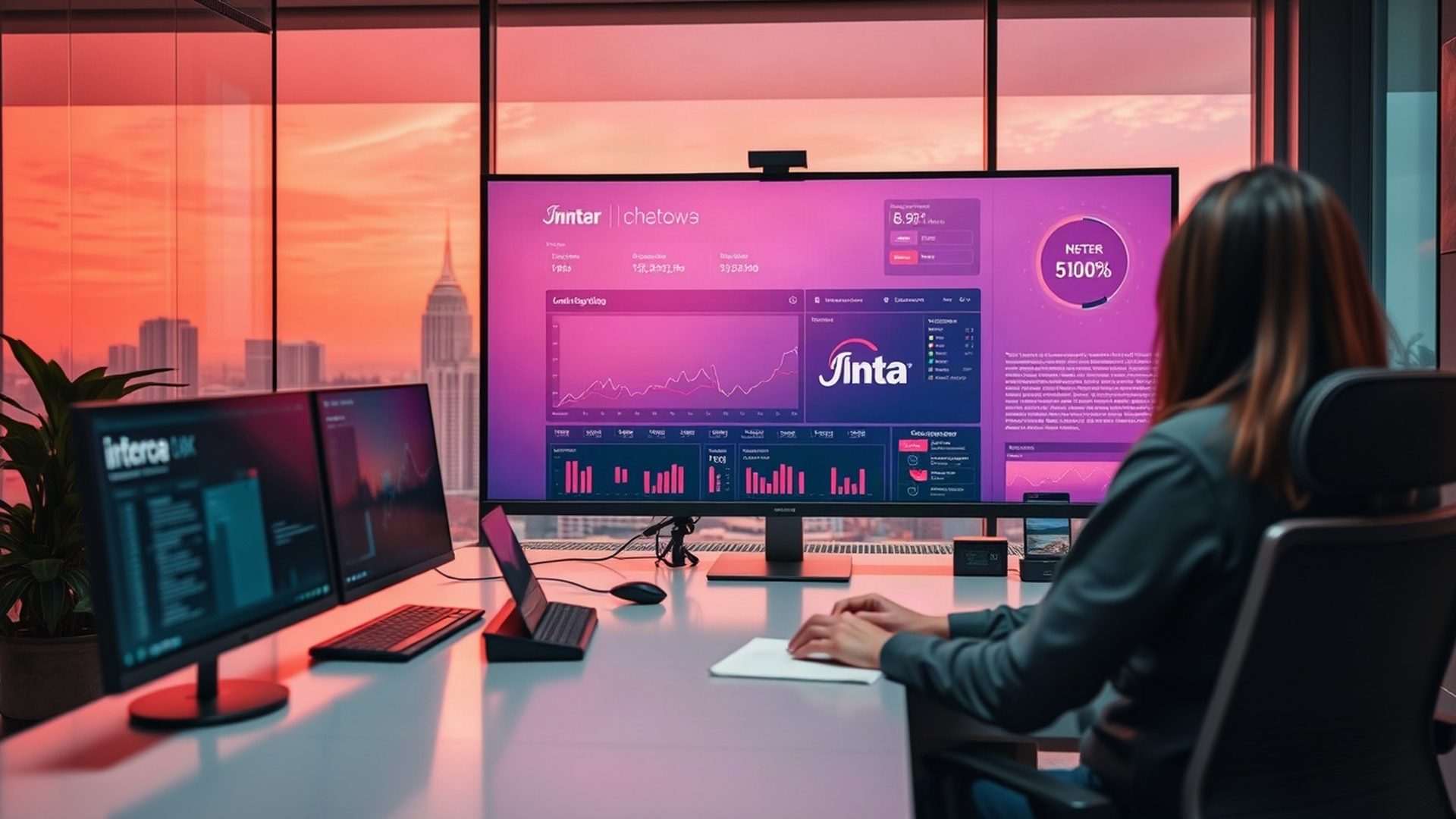 Forgeycloud newsroom in Pattaya with a rose-toned data dashboard on screen