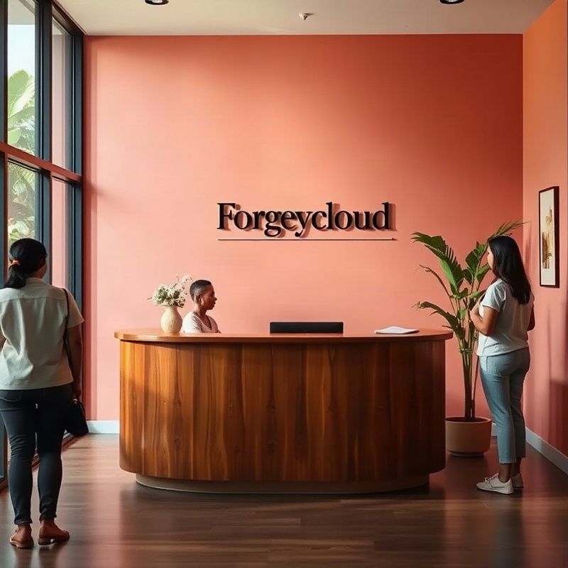 Forgeycloud reception with warm rose-toned walls and a teak reception desk