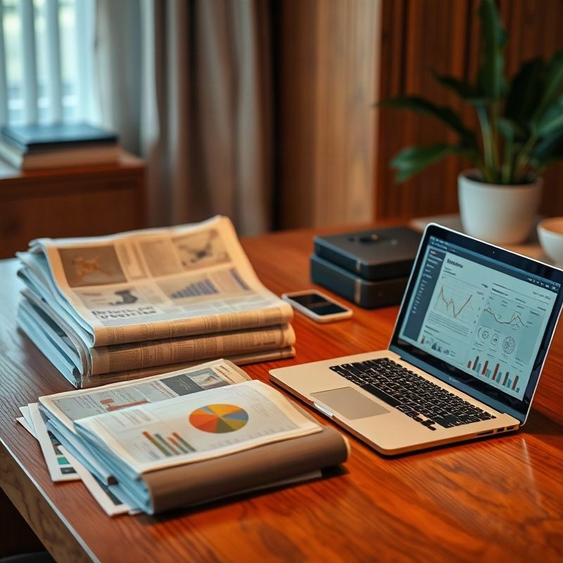 Editorial archive header with stacked newspapers and open laptops on a warm teak desk