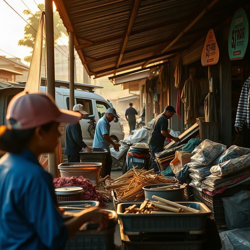 Thai informal market workers in a provincial setting under warm morning light