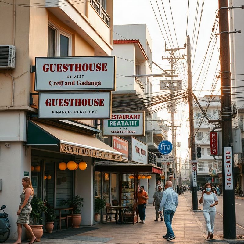 Coastal Pattaya SME street with guesthouse signage and a small restaurant frontage in warm afternoon light